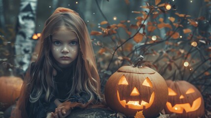 Young girl in an orange veil with jack-o'-lanterns in a spooky Halloween forest