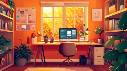 A colorful and organized home office setup, featuring a desk, computer, indoor plants, bookshelves, and a large window with autumn scenery.