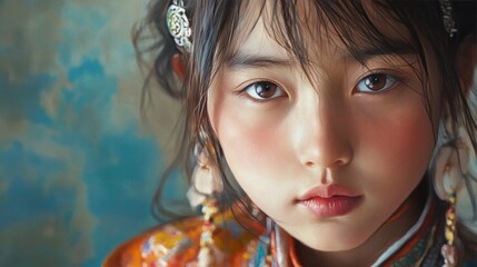 Fototapeta premium Fine art portrait of a Mongolian girl, with a focus on her expression and traditional dress, captured in a style that blends realism and impressionism