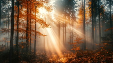 Foggy autumn morning in a dense forest, with mist weaving through the trees and soft, diffused sunlight creating a mystical atmosphere