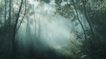 Obraz premium Foggy autumn morning in a dense forest, with mist weaving through the trees and soft, diffused sunlight creating a mystical atmosphere