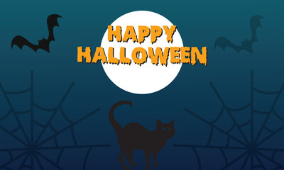 Happy Halloween banner or party invitation background with bats and pumpkins in paper cut style. Full moon in orange sky, spiders web and witch cauldron. Place for text. Vector illustration. EPS 10