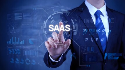 Obraz premium businessman pressing virtual button SaaS, software as a service. cloud computing concept, cloud technology, Saas, Paas, Iaas.