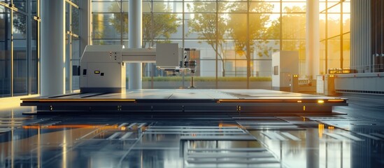 Bright modern office desk with laptop computer and other professional equipment neatly arranged with a stunning sunset reflection visible through the glass surface