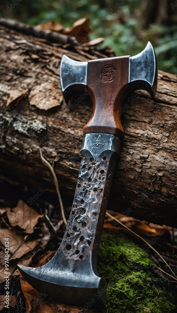 Poster iron axe with a wooden grip embedded in a log.