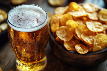 Close-Up of Beer with Chips
