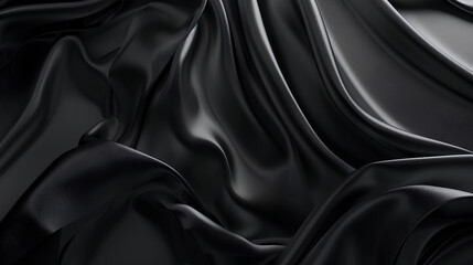Fototapeta premium Black background with dark silk texture for elegant design or abstract concept art. Dark satin cloth or fabric material with waves and folds. Black silk pattern as luxury background