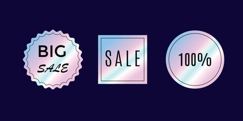 Set of hologram stickers for sale. Holographic emblem BIG SALE, 100%, SALE for black friday, cyber monday, any sale in e-commerce, web design. Vector illustration