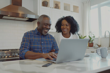 Black senior couple using laptop in kitchen at home, smiling and looking happy together while watching video on computer screen. A feeling of warmth and love between two people