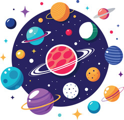 Colorful Planets and Stars in Space with a Ring Around Planet vector illustration