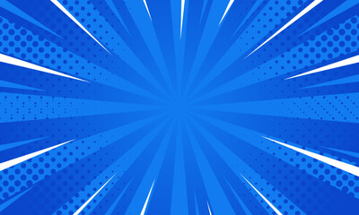 Obraz premium Blue comic sunburst effect background with halftone. Pop art comic-style vector background. Suitable for templates, sale banners, events, ads, web and pages