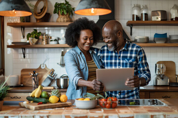 Black senior couple using laptop in kitchen at home, smiling and looking happy together while watching video on computer screen. A feeling of warmth and love between two people