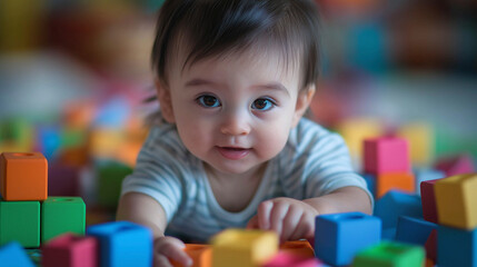 Fototapeta premium A child plays with toy blocks