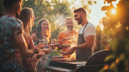 Grilling party on Labor Day, featuring a group of friends cooking together in a backyard, sharing laughs and stories