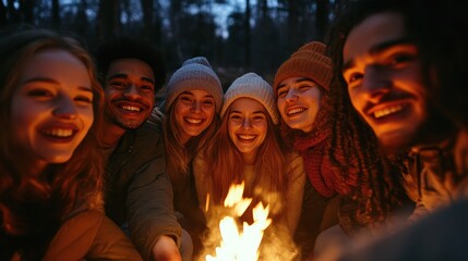 Fototapeta premium Group selfie of happy friends around a campfire at night, laughter and warm light creating a cozy vibe