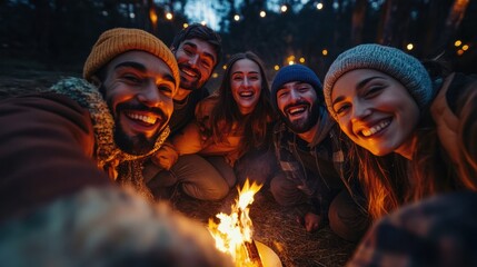 Obraz premium Group selfie of happy friends around a campfire at night, laughter and warm light creating a cozy vibe