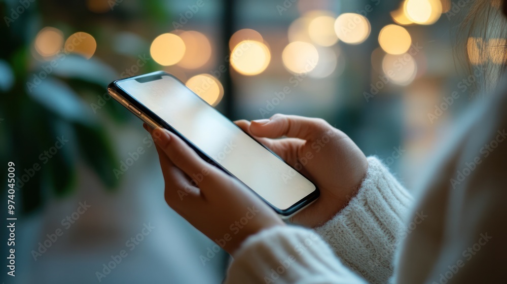 Poster hands holding phone, close-up of fingers typing on the screen with a soft focus on the background