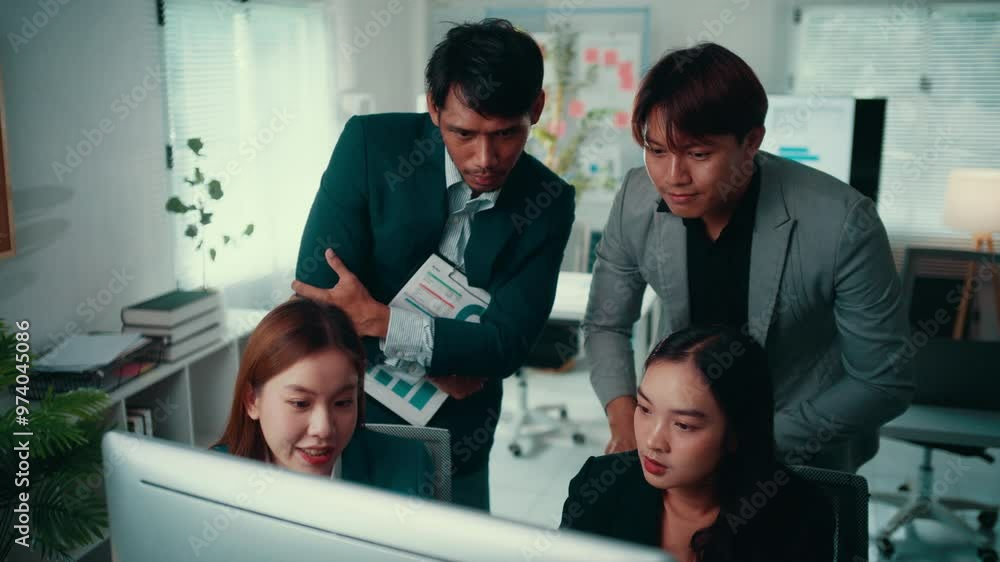 Aufkleber four asian businesspeople are having a serious discussion in their office. they are trying to solve 