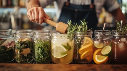 Handcrafted drinks, featuring a bartender using a wooden muddler to crush fresh ingredients, with jars of homemade infusions and syrups in the background
