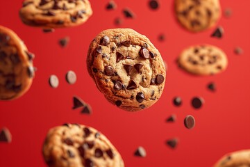 Chocolate chip cookies on red background