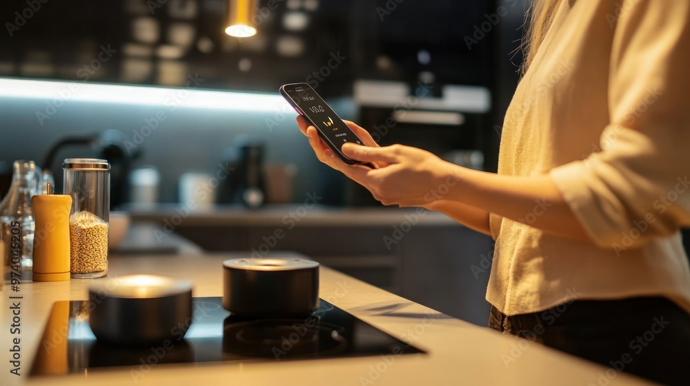 Poster hands-free phone interaction, a person using a smartphone with voice command, standing in a modern k