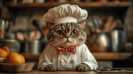 A cat wearing a chef's hat and bow tie is sitting on a counter in a kitchen
