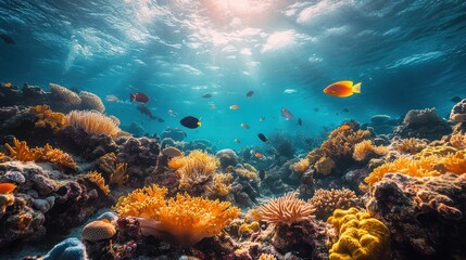 Fototapeta premium Vibrant underwater scene with coral reefs and colorful fish.
