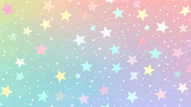 Cute pastel background with stars and stars in the style of Japanese anime featuring soft colors like pinks, yellows, blues, greens, and purples, reate cute baby products such as t-shirts, jeans, sock