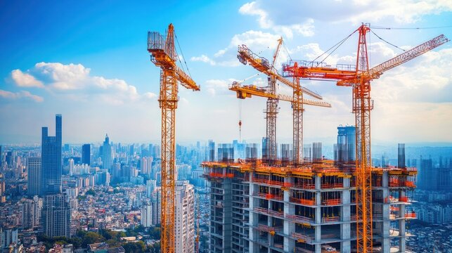 High-rise construction scene showing multiple cranes working on a new skyscraper, with the city skyline in the background