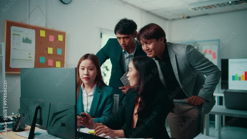 Poster four asian managers are having a discussion in their office. they are gathered around a female emplo