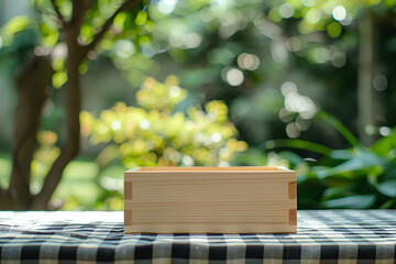 Empty wooden box on checkered tablecloth in garden background with copy space for product display presentation mock up design