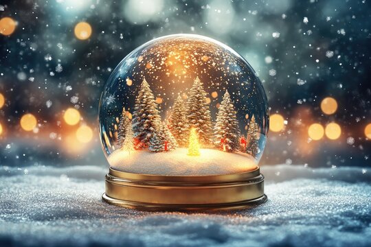 Christmas snow globe sitting on a snowy window sill with pine cones and string lights