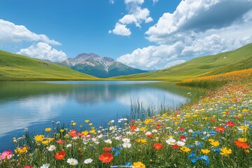 Obraz premium Beautiful mountain lake reflecting the sky on a sunny day with wildflowers blooming in the foreground