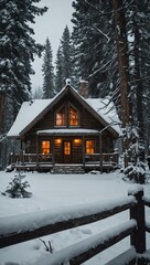 Winter cabin with a fireplace and snowy tree views