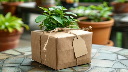 Unmarked cardboard package bound with string awaiting collection on a table surface