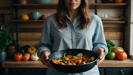 woman holding a pan with veggies.