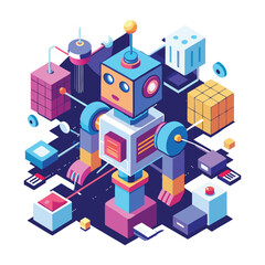 Colorful Isometric Robot Illustration with Futuristic Technology