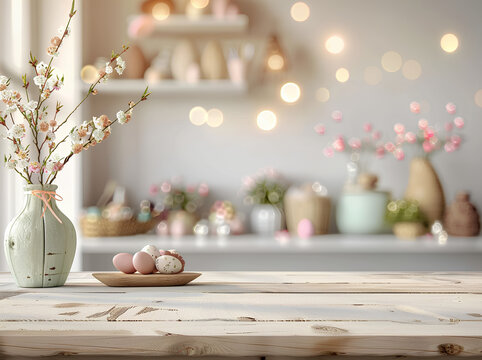 Empty wooden table top with blur bokeh background of spring and easter concept for product display montage, e-commerce backdrop design template, white wall interior with decorations on the shelf - Powered by Adobe
