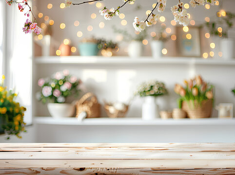 Empty wooden table top with blur bokeh background of spring and easter concept for product display montage, e-commerce backdrop design template, white wall interior with decorations on the shelf - Powered by Adobe