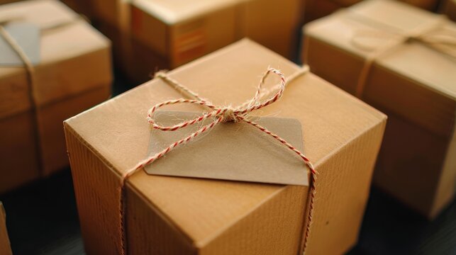 Unlabeled cardboard package bound with string awaiting collection on a table surface