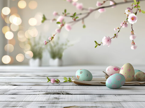 Empty wooden table top with blur bokeh background of spring and easter concept for product display montage, e-commerce backdrop design template, white wall interior with decorations on the shelf - Powered by Adobe