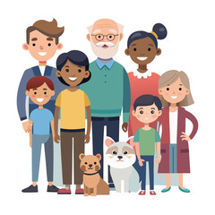 Diverse Cartoon Family Illustration with Children, Adults, and Pets in Flat Style