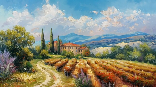 Italian Countryside, Oil Painting Illustration, Natural Landscape, Formal Decor, Elegant Nature Scene, 300dpi