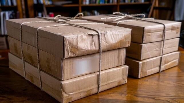 A cardboard parcel wrapped in string with a blank label waiting on a table for its recipient