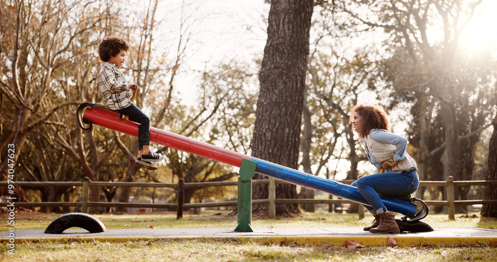 Poster Park, mother and child with seesaw, playground and game with family balance and holiday with parent. Support, love, care with young boy and woman together with joy, bonding and smile in autumn