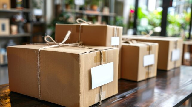 Unlabeled cardboard package wrapped with string resting on a table, awaiting its recipient