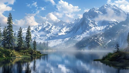 A lake surrounded by snow capped mountains