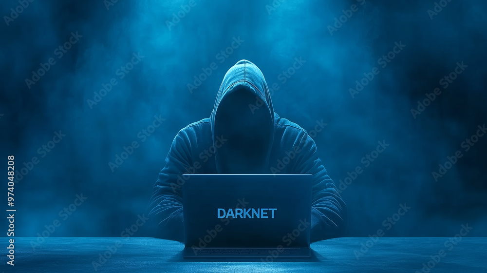 Poster mysterious figure working on a laptop in a dark setting