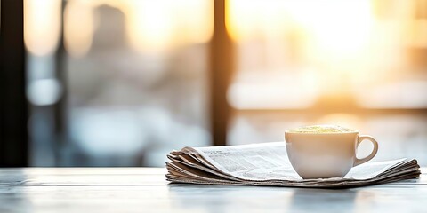 Simple yet inviting scene with a coffee cup and newspaper, symbolizing a tranquil start to the day, Morning tranquility, News and coffee