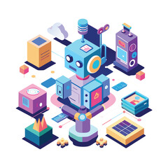 Isometric Robot and Technology Vector Illustration in a Futuristic Style